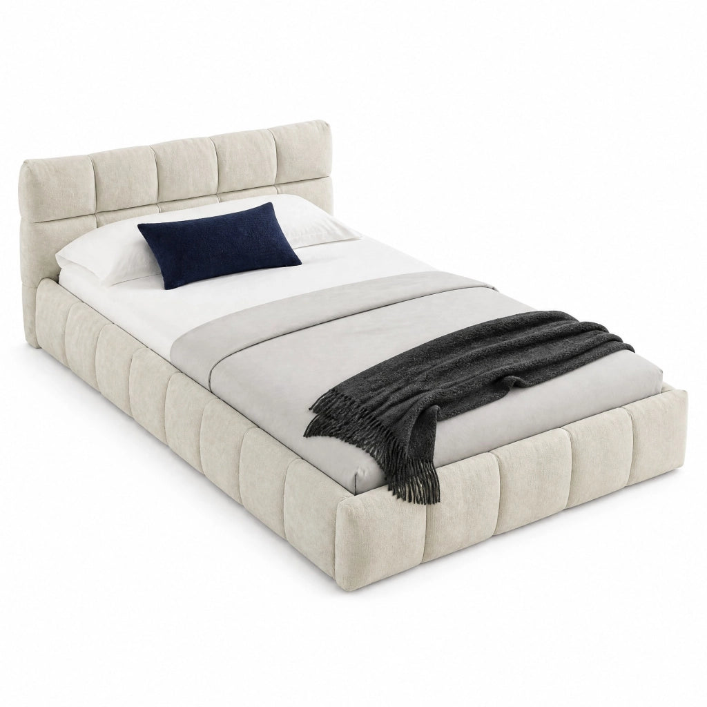Letto singolo 90x200 cm in chenille beige con struttura in eucalipto e ferro