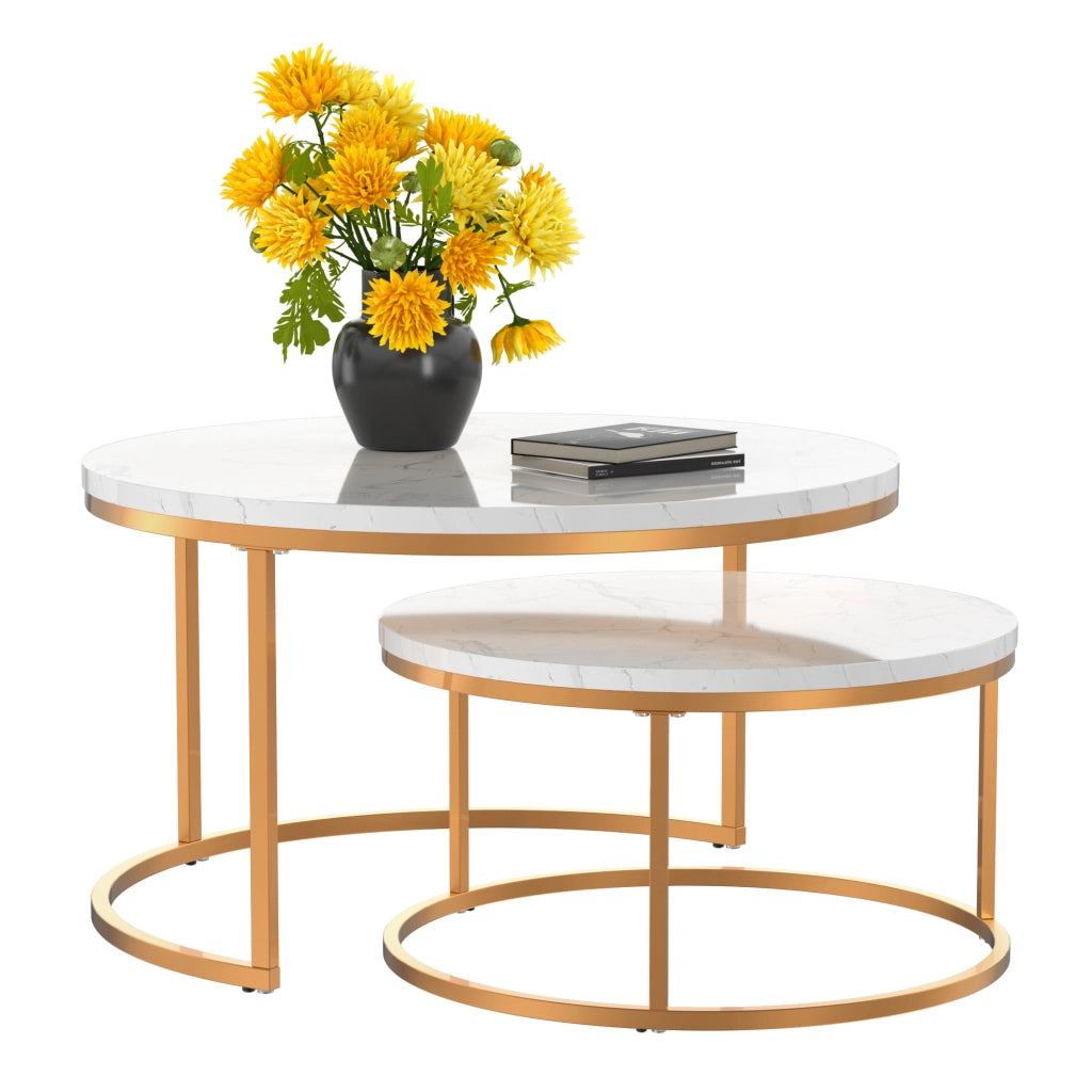 TAVOLINO DA CAFFÈ Set 2 Pezzi 80x45 cm Effetto Marmo Bianco con Struttura color oro