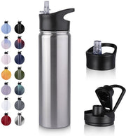 Fles in Acciaio Inox - 750 ml - con Stelo, Libera da Zucchero, Adatta per Bevande Gassate, Termos Flessa BPA Libera ( +2 Coperchi) Isolamento a Vuoto a Doppia Parete per Sport, Viaggi, Campeggio, Scuola, Bicicletta, Palestra