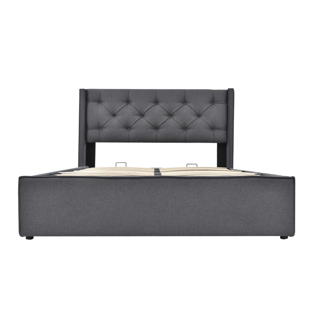 Letto matrimoniale imbottito ULEVR 160x200 cm con contenitore e rete a doghe, cotone grigio