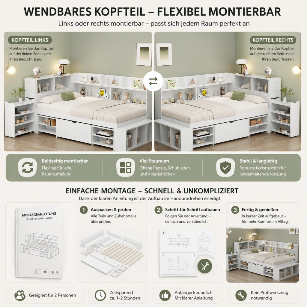 DESMIU Letto per Bambini Letto Singolo 140 × 190 cm con Cassetti e Scaffali, 2 Posti, Senza Materasso, Bianco