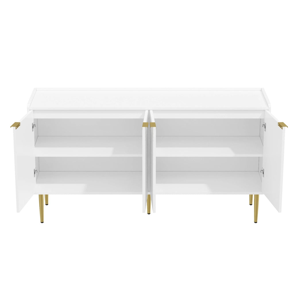 Credenza Bianca Moderna con 4 Ante; Mobile Buffet 140 cm in MDF con Gambe in Ferro Dorato