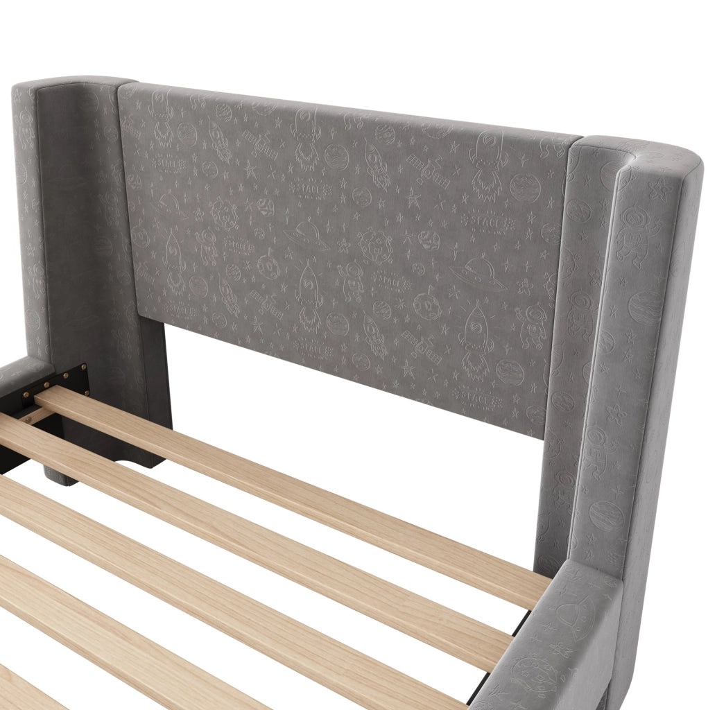 Letto singolo a slitta con motivo spaziale; 90x200 cm; in velluto grigio