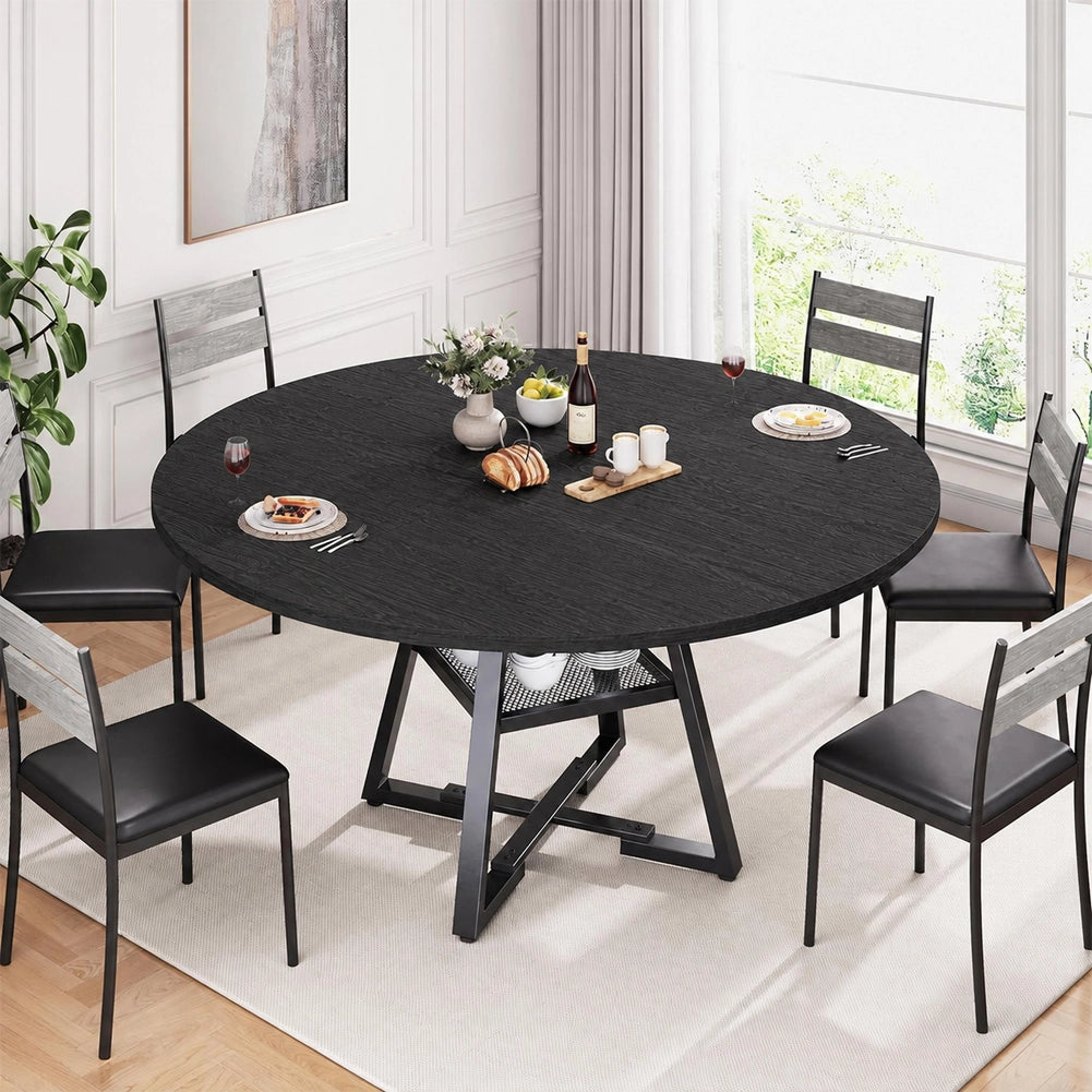 Tavolo per Sala da Pranzo Tondo Nero con Ripiano Portaoggetti 120x120x76cm
