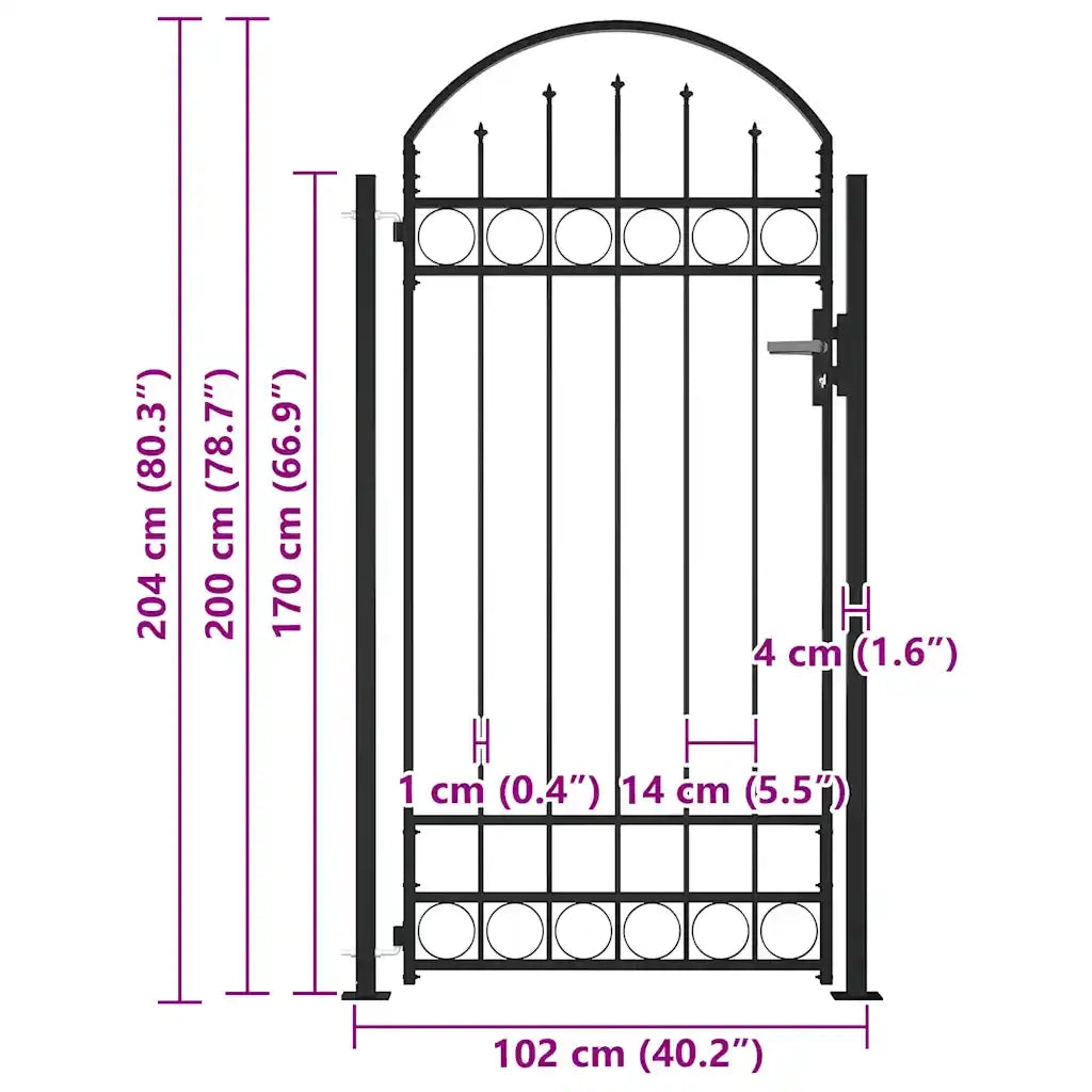 Cancello per recinzione ASSEN con parte superiore ad arco e 2 pali 105x170 cm Nero 145751