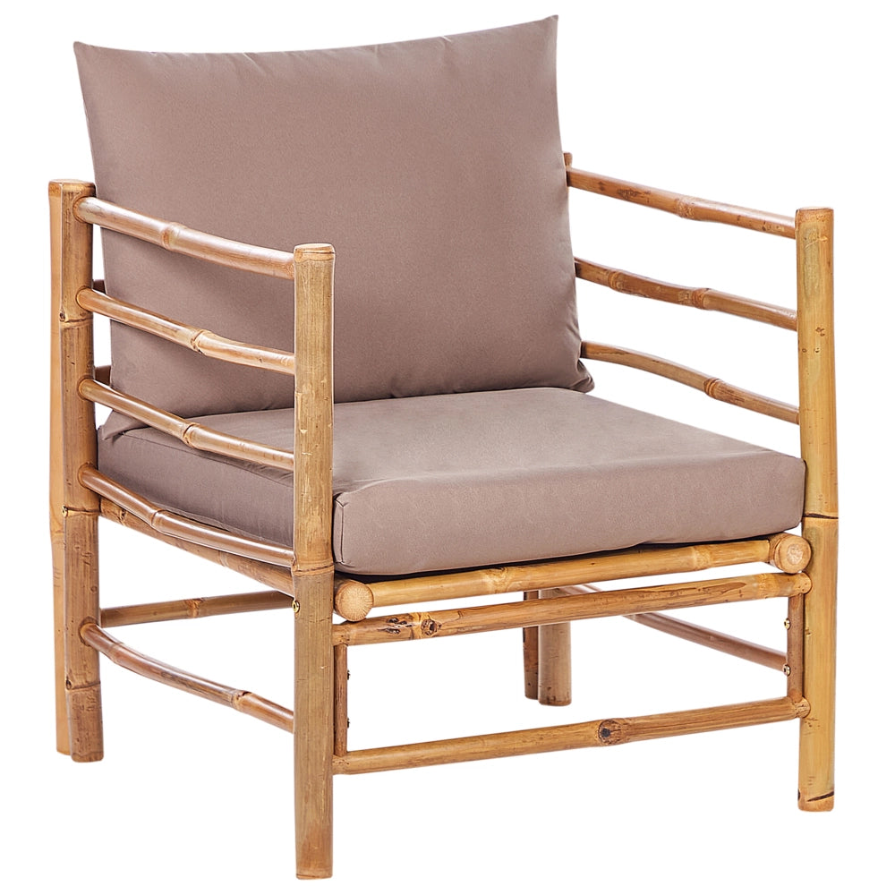 Set da giardino modulare con divano a 3 post 2 poltrone e tavolino in bambù naturale con cuscini tortora esterno elegante