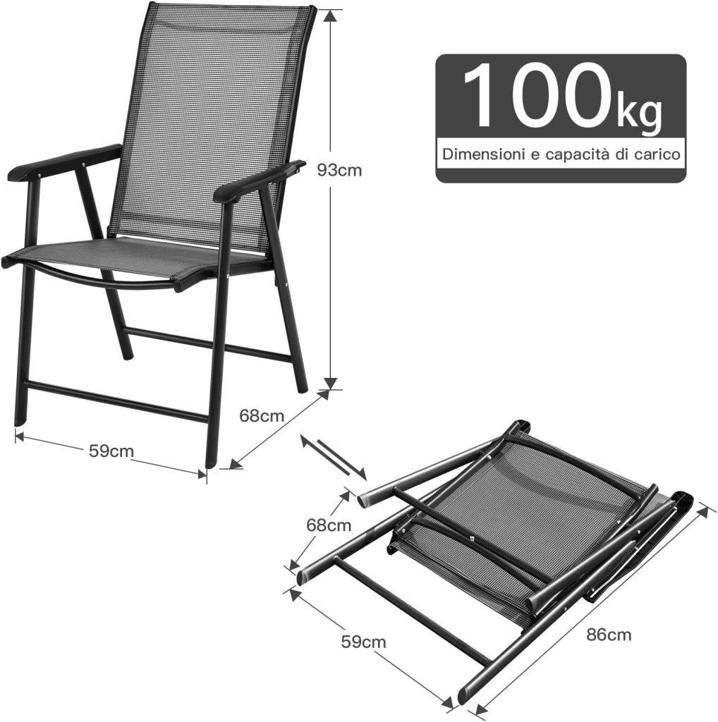 Set di 2 Sedie Giardino Pieghevoli, Poltrona da Esterno con Struttura in Metallo, con Braccioli, Ideale per Campeggio Spiaggia, Portata 100 kg, 68 x 59 x 93cm (Grigio)