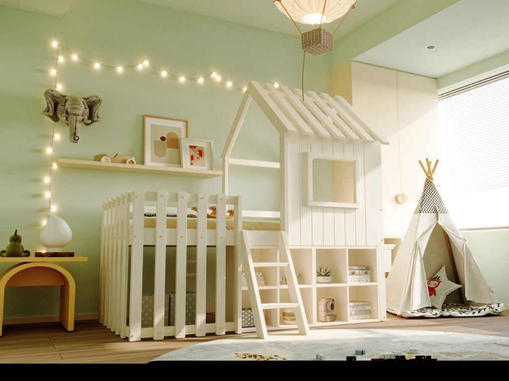 Letto per bambini 90x200 cm con tetto; finestre e vani portaoggetti in legno