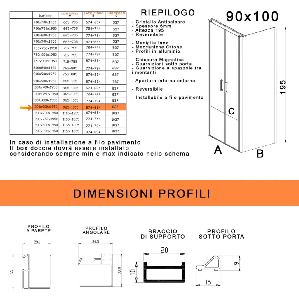 Box doccia due lati con porta saloon h195 6mm anticalcare dobla, misura 90x100