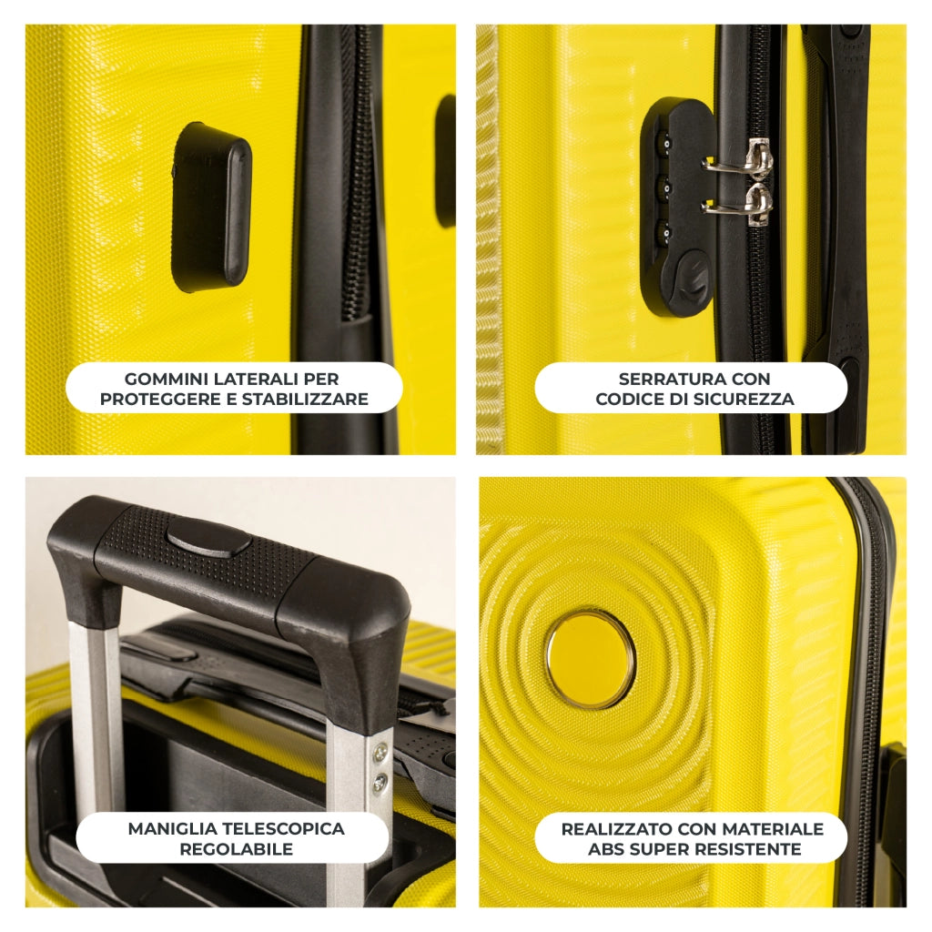 Trolley Bagaglio Mano Rigido 54x33x22 Piccolo Ultraleggero Valigia In Abs Con 4 Ruote Rimovibili Manico Chiusura Di Sicurezza Per Compagnie Low Cost Economy Zaino Da Viaggio Giallo
