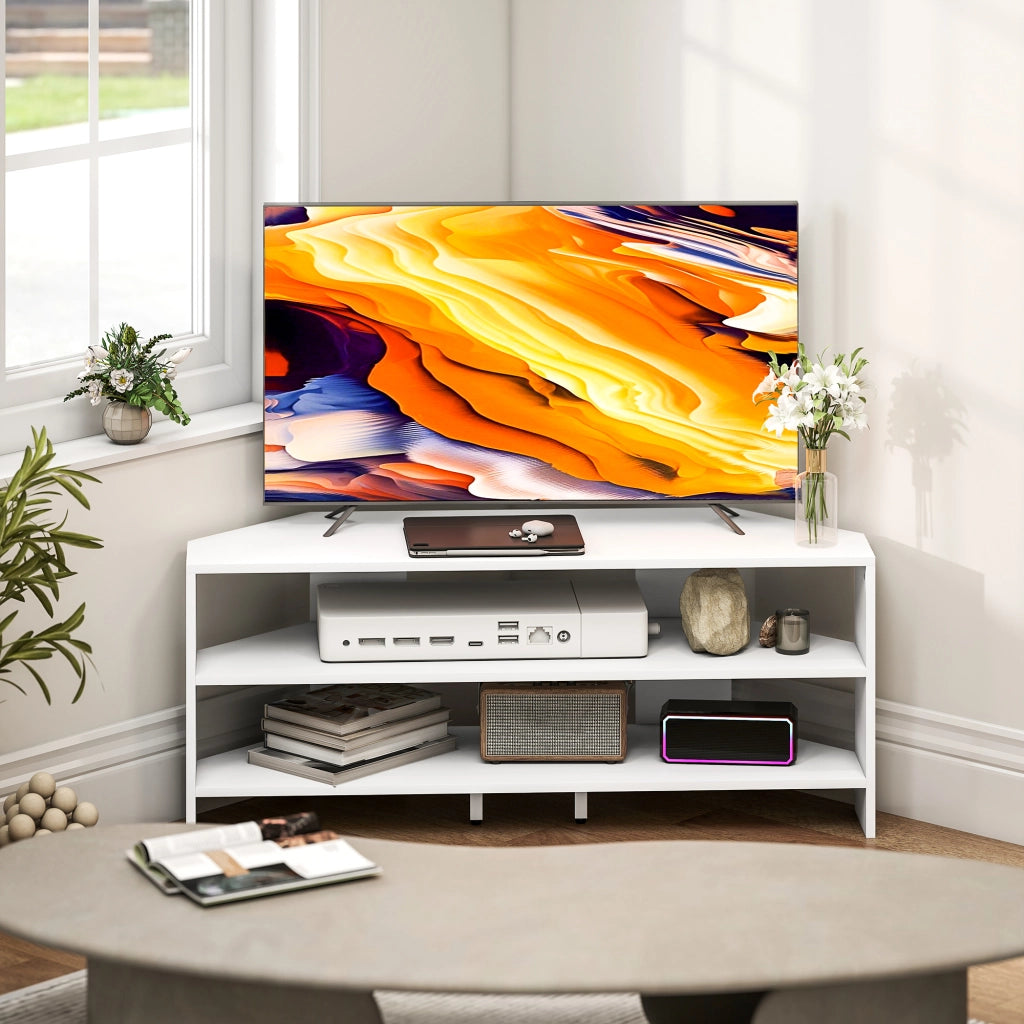 Mobile TV ad Angolo per 47" Max 110x36x45 cm con 2 Ripiani a Giorno in Legno Bianco