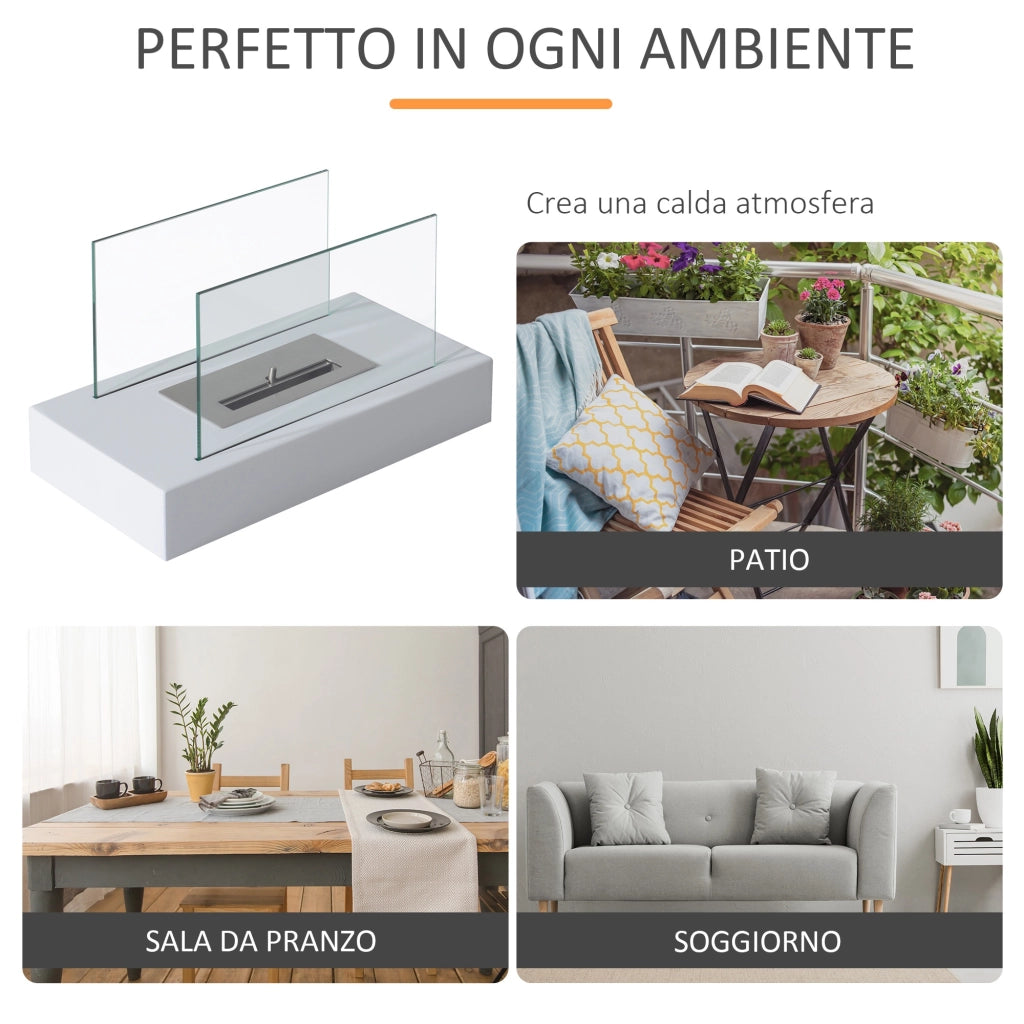 EasyComfort Camino a Bioetanolo da Tavolo 830 W Bruciatori senza Residui Inodore In Acciaio Inox con Vetro 35x18x21 cm Bianco