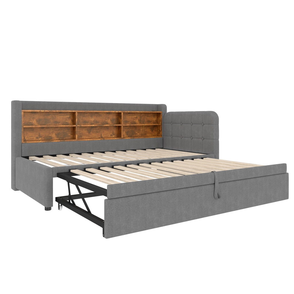 Letto estraibile singolo 90×200 cm con USB; Type-C; testiera con ripiani; senza materasso; lino; grigio