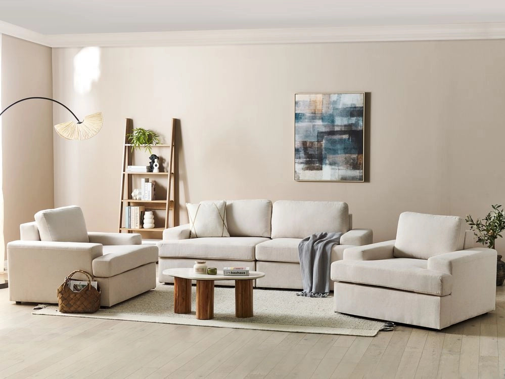 Set da salotto a 5 posti imbottito in tessuto poliestere con poltrona schienale imbottito Beige Chiaro divano classico per il soggiorno