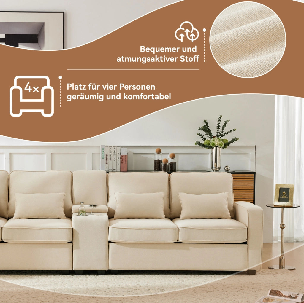 Divano 4 posti beige con USB, portabicchieri e vano contenitore