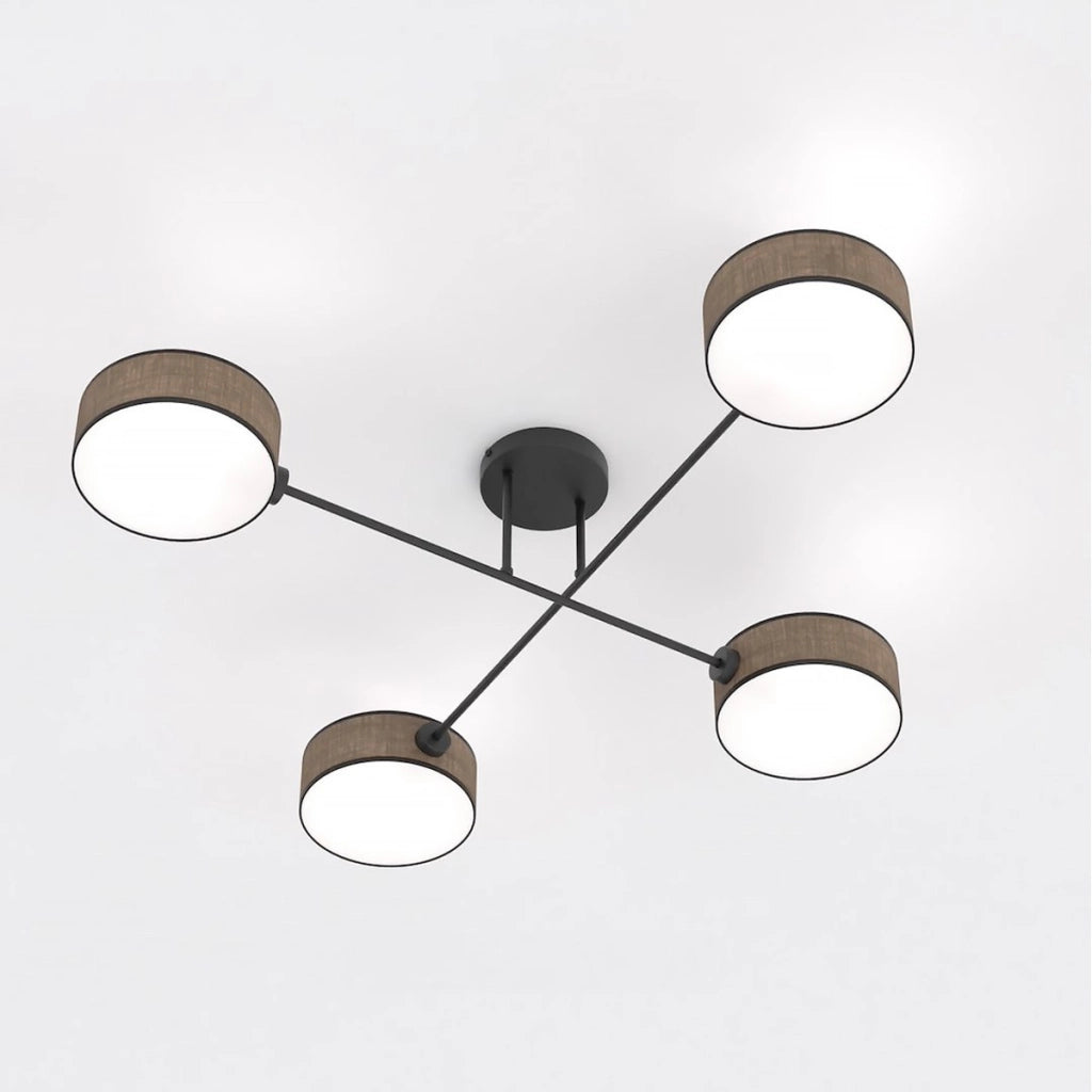 Lampada a sospensione Maga 4 luci in acciaio nero e tessuto marrone