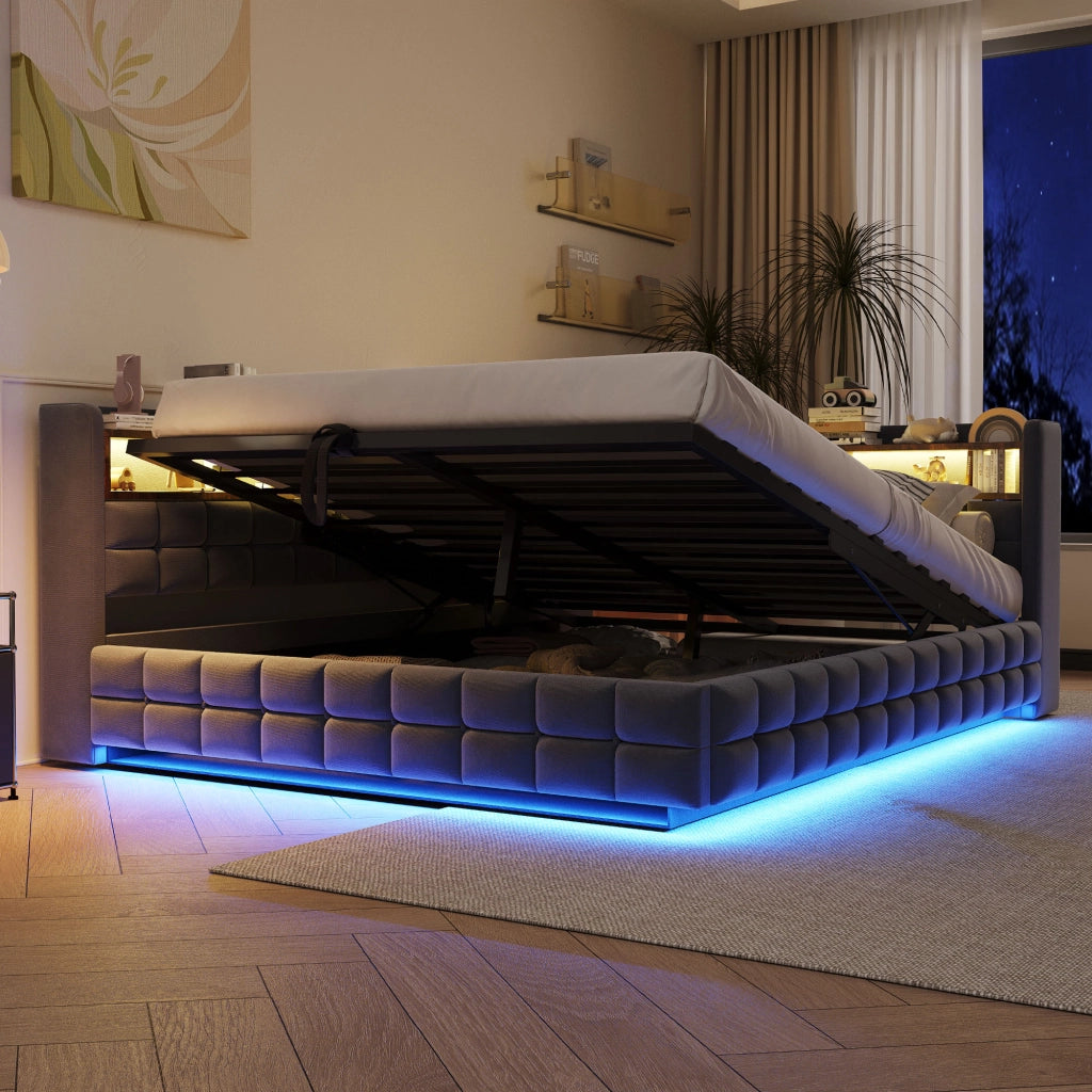 DESMIU Letto imbottito 140 × 200 cm 2 posti con contenitore, USB, Type-C, LED, senza materasso, grigio