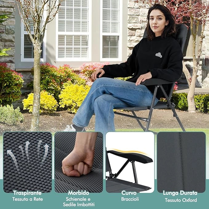 Set di 2 Sedie da Giardino, Poltrona Reclinabile da Giardino con Schienale Regolabili a 7 Posizioni, Sedia Pieghevole Imbottite per Giardino,Spiaggia, Portata 136 kg (Grigio)