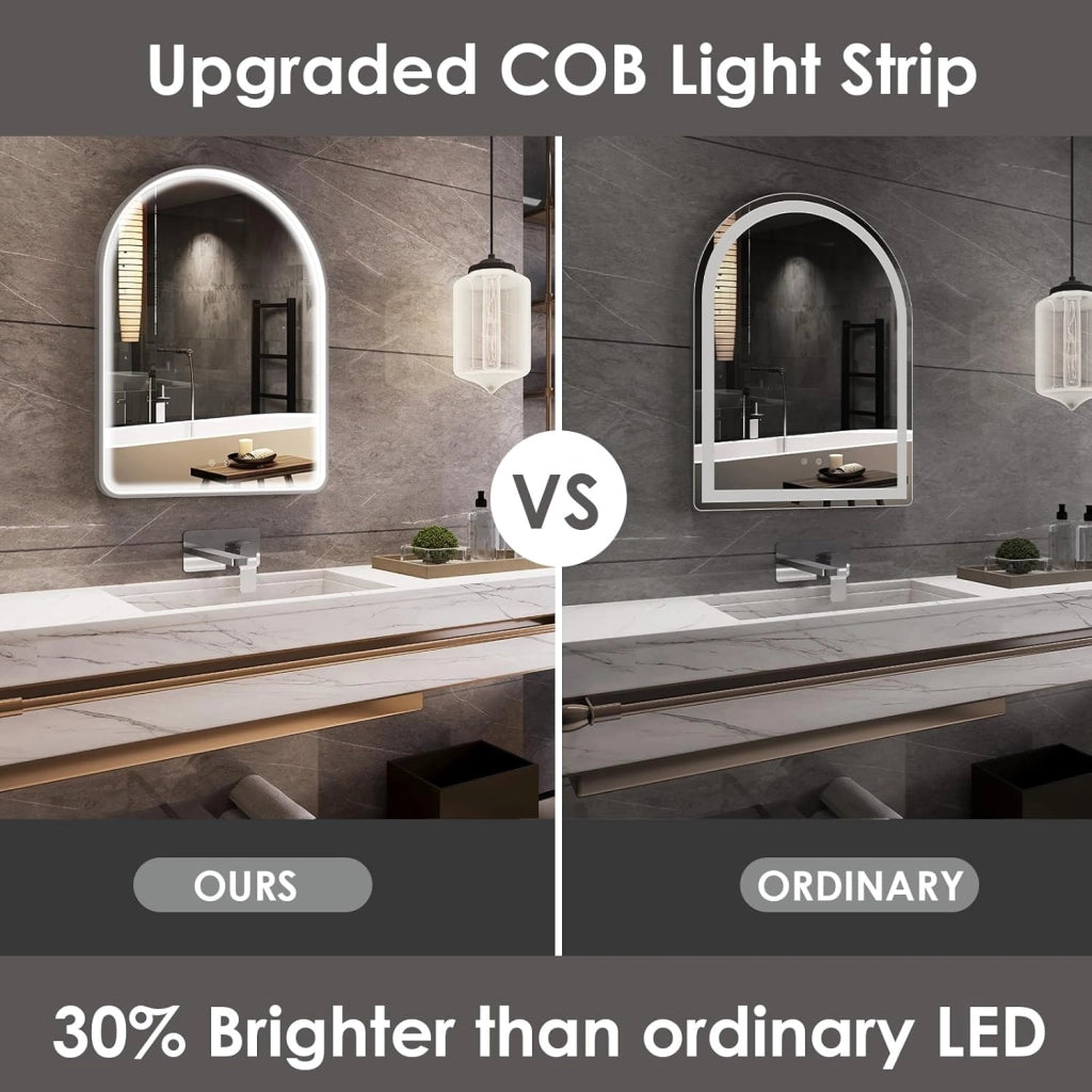 Specchio da bagno illuminato 80 x 60 cm, curvo con interruttore touch, striscia luminosa COB migliorata, specchio da parete illuminato, anti-appannamento, 3 colori chiari