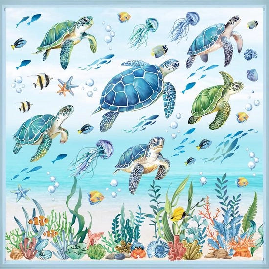 Decalcomanie per finestre Immersione Mondo marino Tartarughe marine Decalcomanie per finestre Acqua Marina Algae Pesci oceanici Decalcomanie per bagno Foto per finestre Estive Vetri Decorazione per finestre Stickers