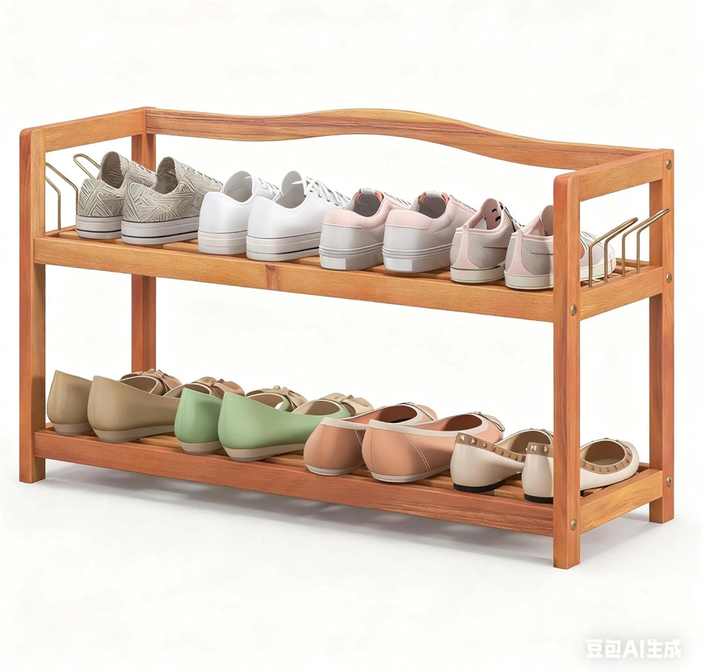 Scarpiera 2/3Ripiani in Legno di Acacia, Scaffale Portascarpe con Ganci Metallici Laterali, Gambe Rialzate, Ogni Piano può Contenere 4-6 Paia (3 livelli)