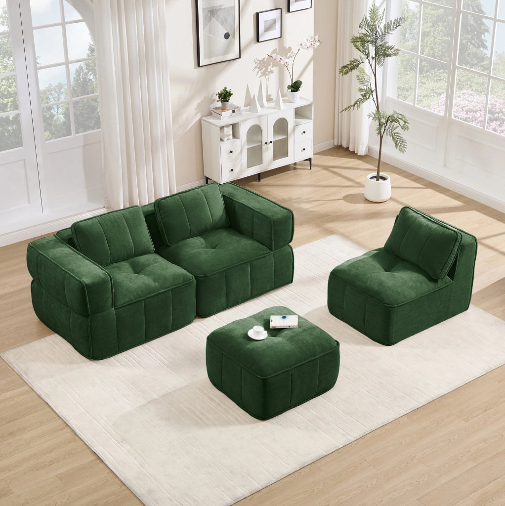 Divano angolare modulare in poliestere verde con pouf HOMVRA