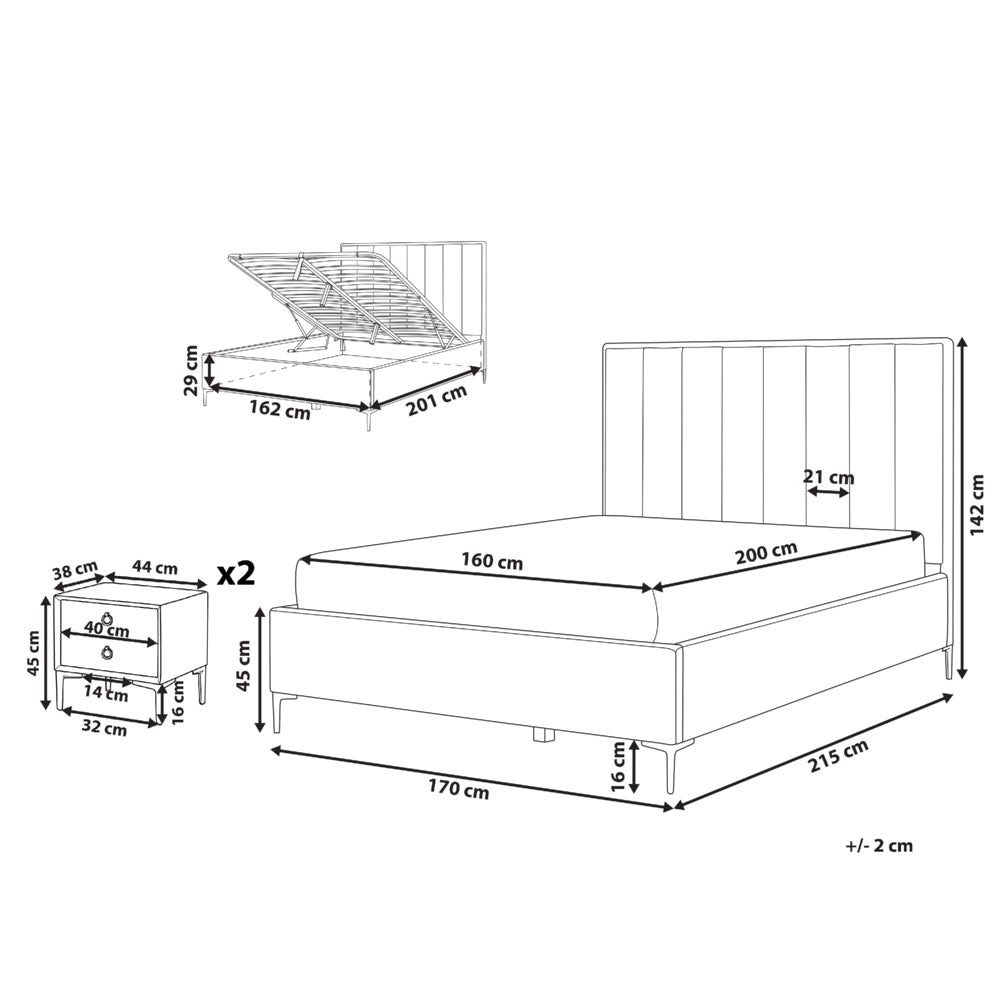 Set da camera da letto rivestiti in velluto tortora con due comodini 160 x 200 cm stile elegante