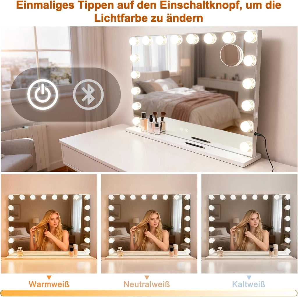 ZMH Specchio per il trucco illuminato 60x80 cm con 3 modalità di luce musica e intensità regolabile 18 LED