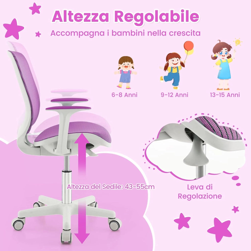 Sedia da Scrivania Girevole per Bambini (Viola, Ruote Ordinarie) | con Altezza Regolabile, 5 Ruote, Braccioli Morbidi, Mobile Ergonomica per Bambini 6-15 Anni