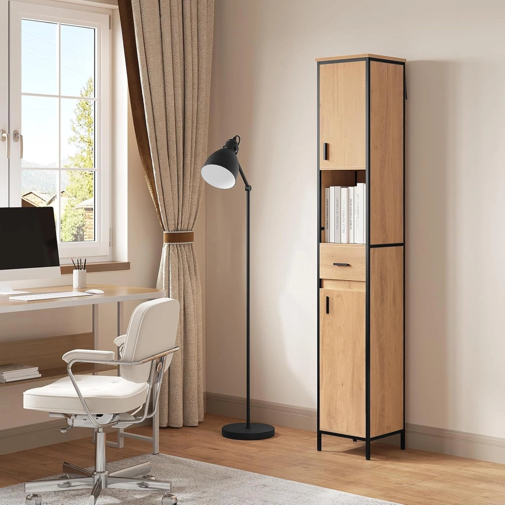 Mobile da Bagno Alto Con 2 Ante e 1 Cassetto, Piedini Regolabili e Ripiani, Per Bagno o Cucina, Stretto 30x30x180 cm, Rovere Chiaro+Nero