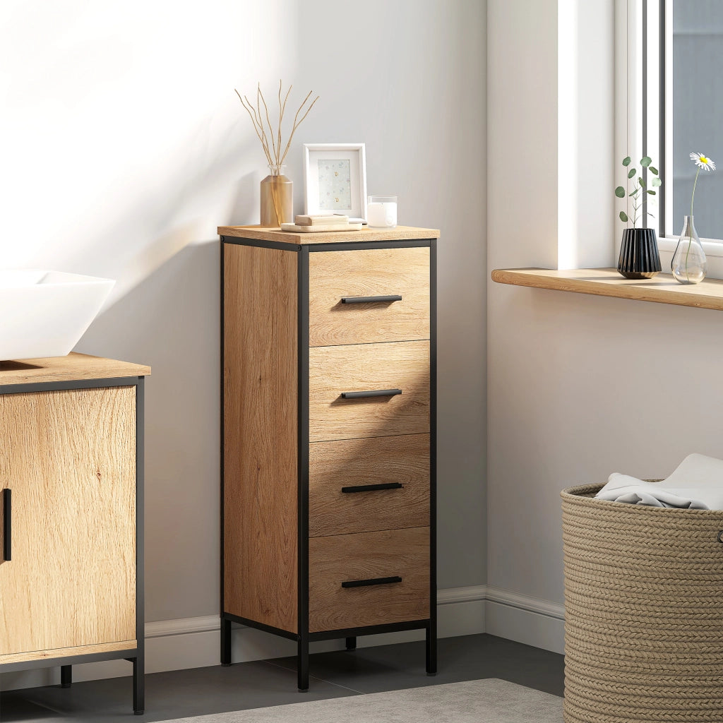 Mobiletto Bagno Stretto con 4 Cassetti in Acciaio ¨C Zephmum ¨C Rovere 30x30x82
