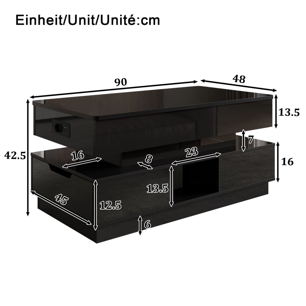 Tavolino basso sollevabile con cassetti vani aperti presa integrata e LED finitura lucida in MDF nero 90 × 48 × 42,5 cm