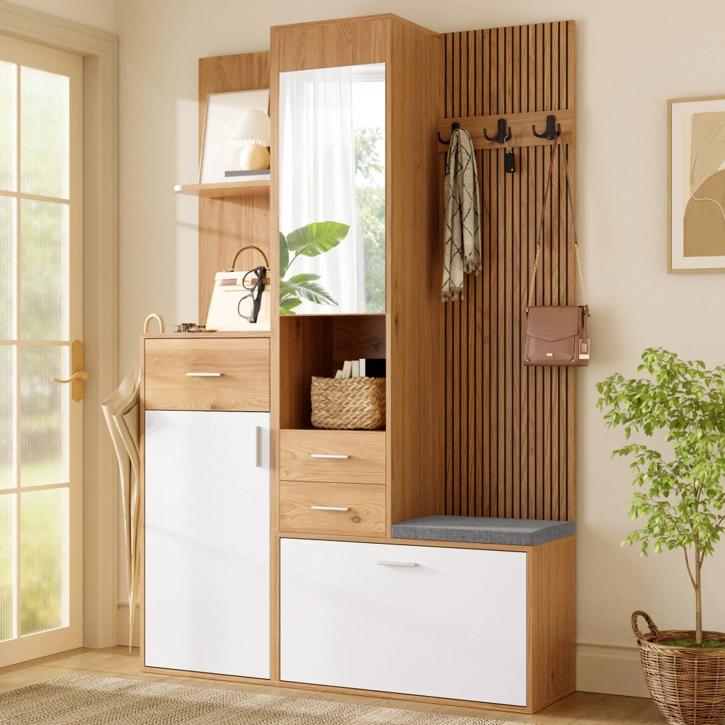 Mobile da ingresso con specchio LED panca appendiabiti e ribalta per scarpe in MDF bianco naturale 120 × 32 × 178 cm
