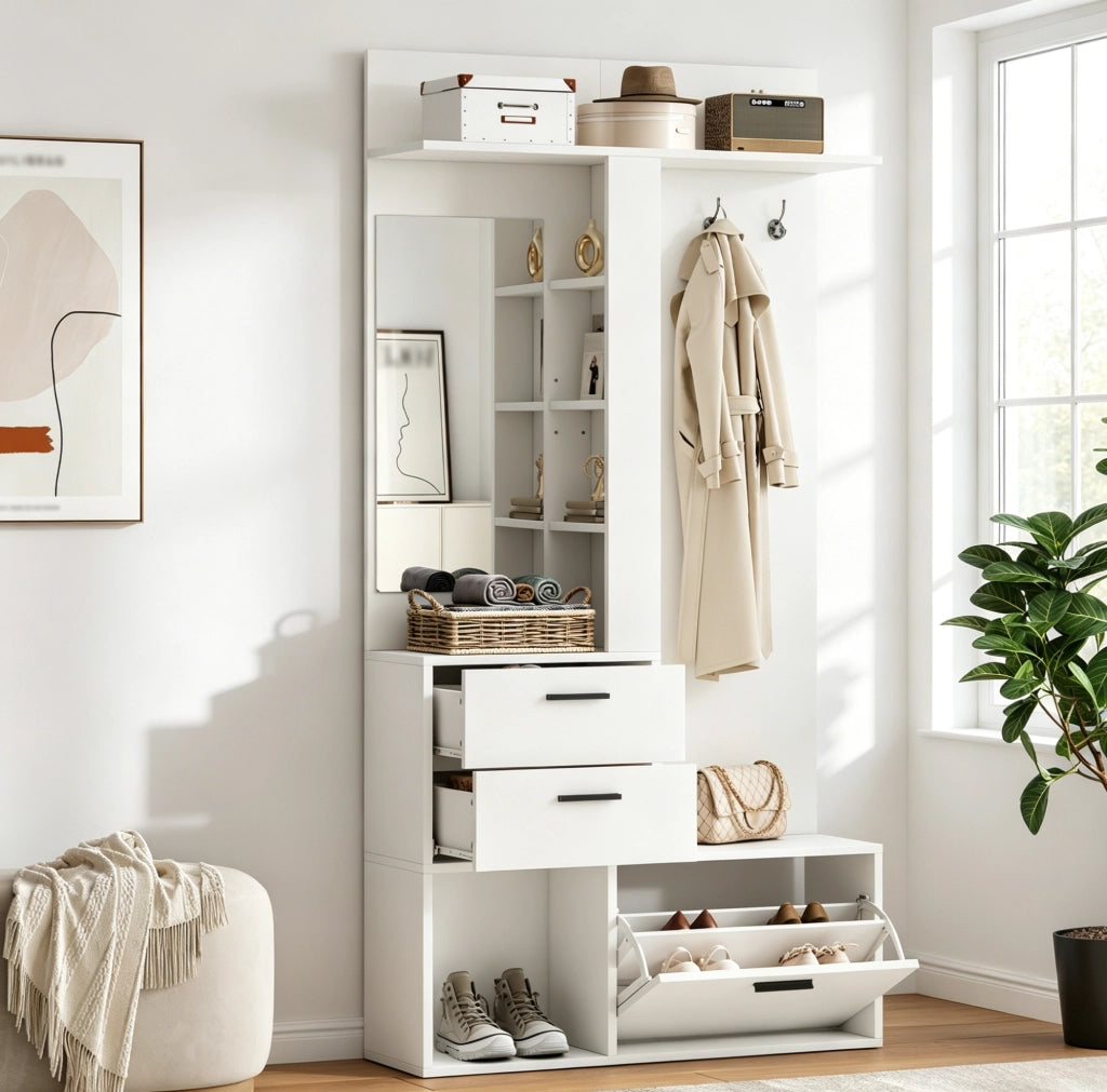 Garderoba 90x30x180 cm con specchio; ripiani pieghevoli e ganci in MDF bianco