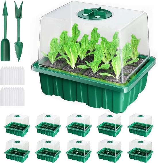 Kit di propagazione 10 pezzi 120 celle con coperture elevate, propagatore di semi con finestra regolabile per giardino e orto, inclusi 20 etichette e 2 attrezzi