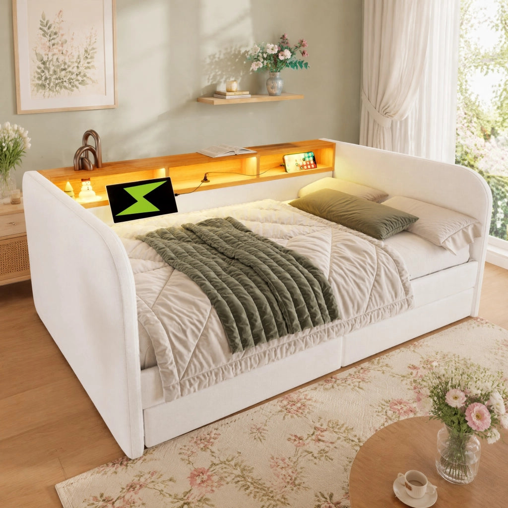 Letto imbottito 140x190 cm con LED, USB-C, 2 cassetti e testiera contenitore, beige chiaro