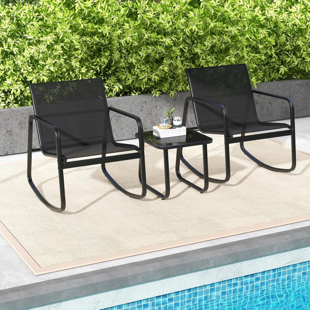 Set da Giardino per 2 Sedie a Dondolo con Tavolino in Vetro, Tessuto Traspirante e Gambe Regolabili, Ideale per Balcone, 3 Colori (Nero)