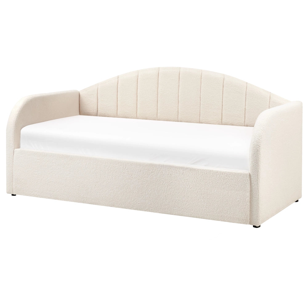 Letto estraibile in bouclé beige chiaro con cornice imbottita moderna glamour per una cameretta per bambini ospiti