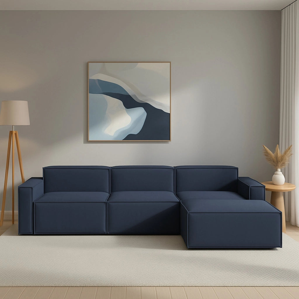 Divano fisso Asvaldo, Divano componibile a 4 posti con penisola destra, Made in Italy, SofÒ  moderno in tessuto, Cm 340x170h70, Blu