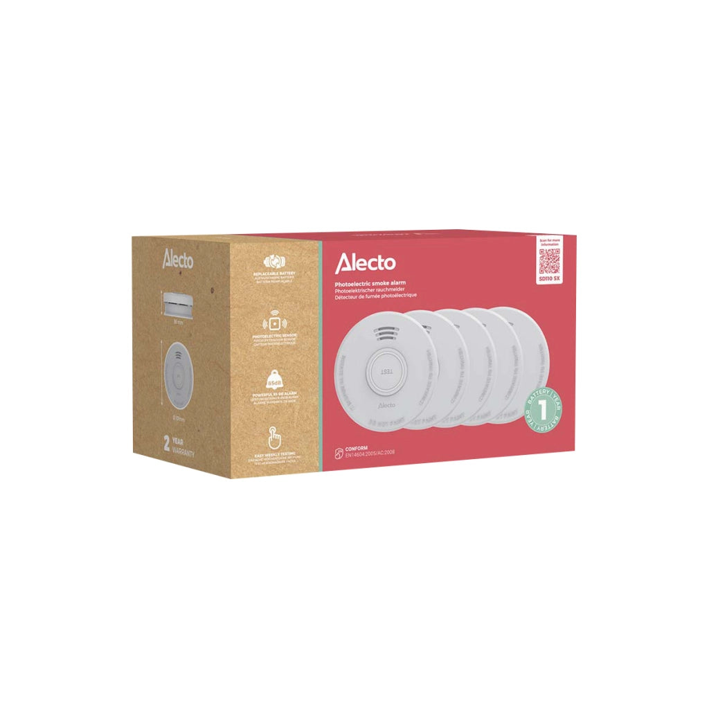 Confezione da 5 Rilevatori di Fumo Autonomi da 85 dB con Batteria da 9 V Sostituibile da 1 Anno Bianco Alecto