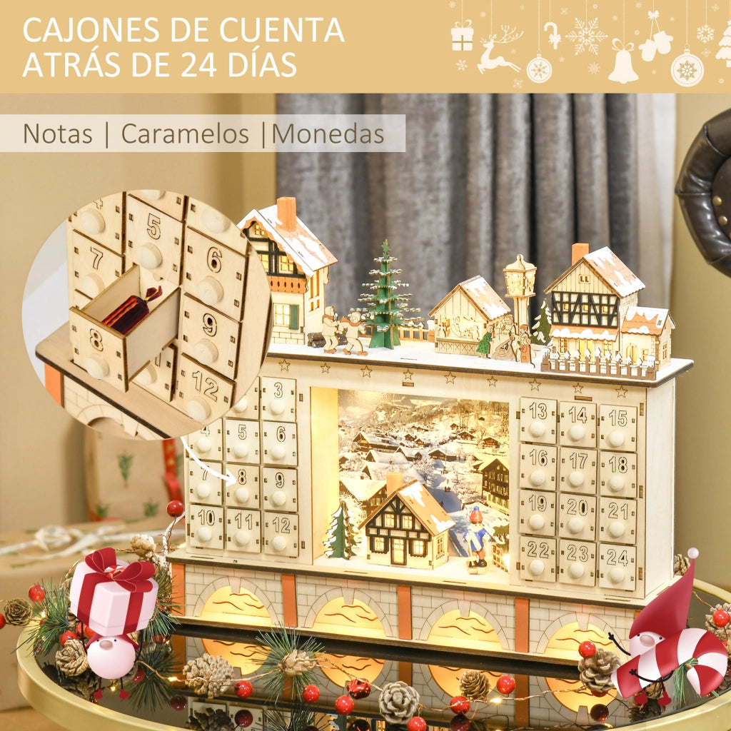 Calendario dell'Avvento con Luci e 24 Cassetti ¨C Zephmum ¨C Legno Naturale 44x10x37 cm