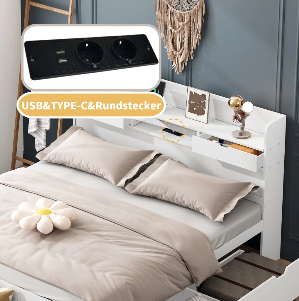 Letto matrimoniale 140x200 cm con USB; vani contenitore e cassetti; bianco