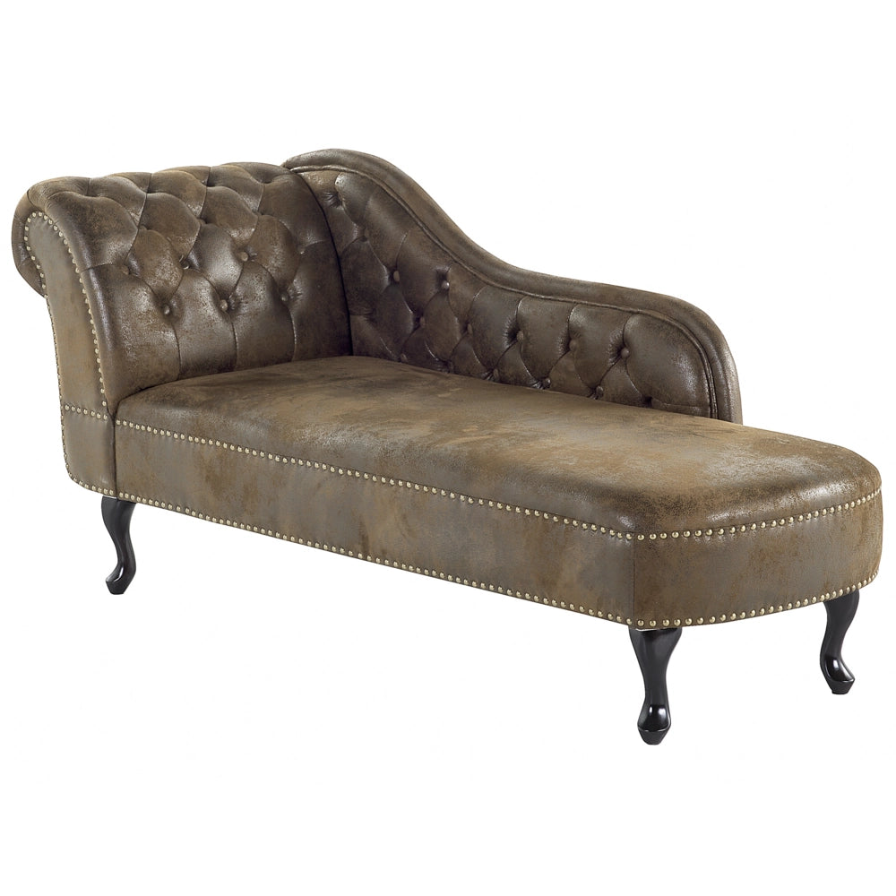 Chaise longue marrone a versione sinistra in finta pelle scamosciata abbottonata