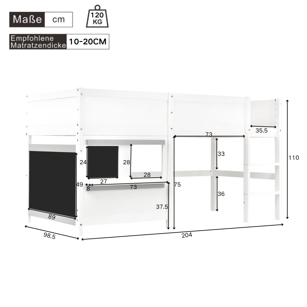 Letto a casetta per bambini 90 × 200 cm con lavagna e scaffale, senza materasso, in legno, bianco