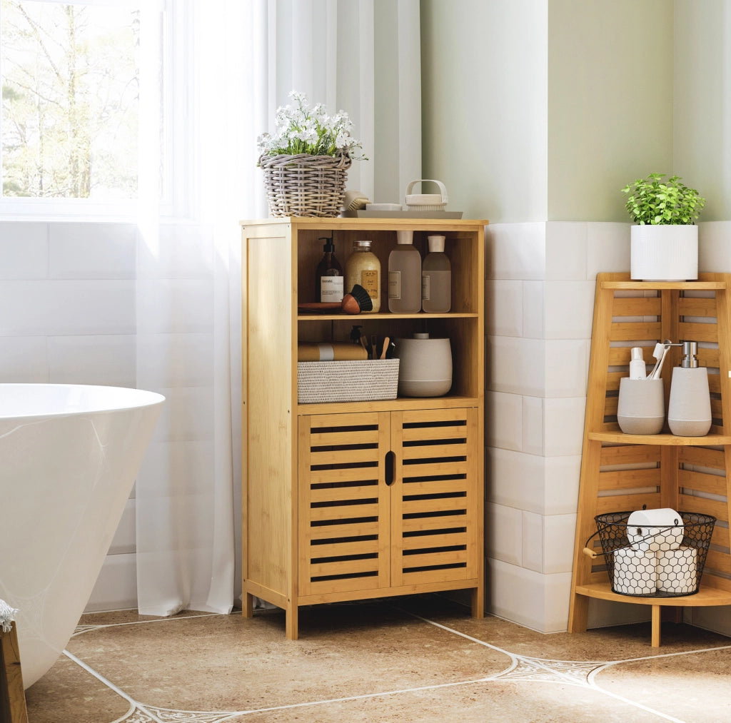 Mobiletto bagno 50x29x92 cm con 2 vani aperti e armadietto doppio; bambù naturale