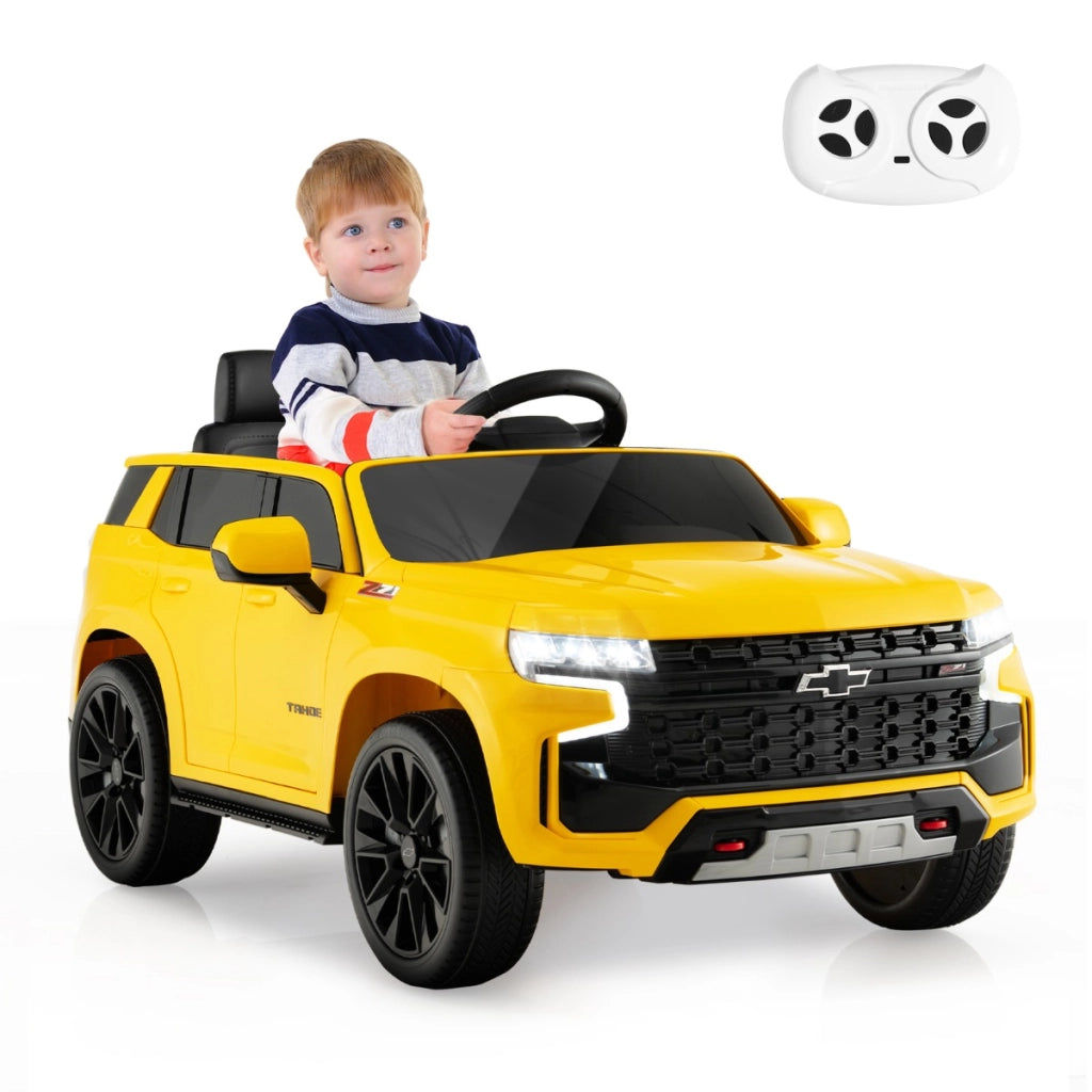 SUV elettrica 12V per bambini con telecomando 2,4G sospensione a molla luci e musica, Chevrolet auto elettrica Giallo-Macchinine giocattoli