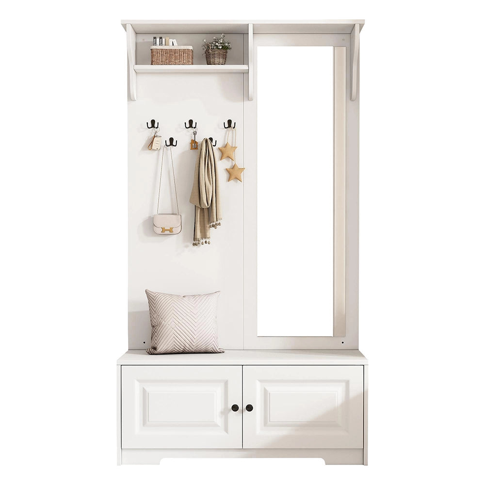 Appendiabiti con specchio 100x40x180 cm - Xylo - 5 ganci, 2 ante, ripiano scarpe, bianco