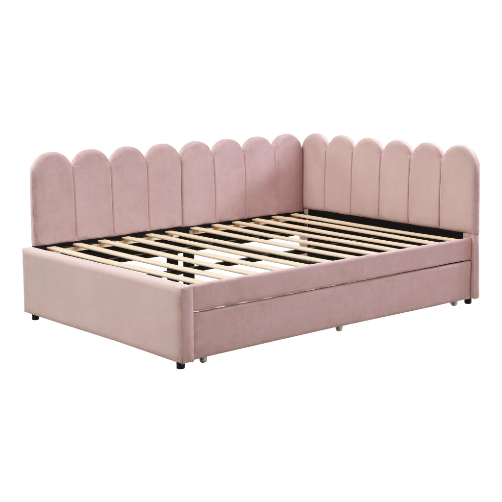 OKWISH Letto a Scomparsa 140×200 cm, Letto Matrimoniale con Letto Estraibile, Design a L e Schienale a Petali, senza Materasso, Rosa