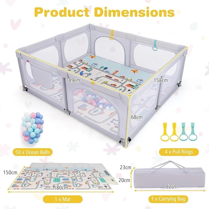 Box per Bambini con Materassino, Recinto per Bambini 189 x 158 cm con 4 Anelli e 50 Palline Colorate, Rete Traspirante, Tasca e Borsa, Box Giochi per Bambino 0-3 Anni (Grigio Chiaro)