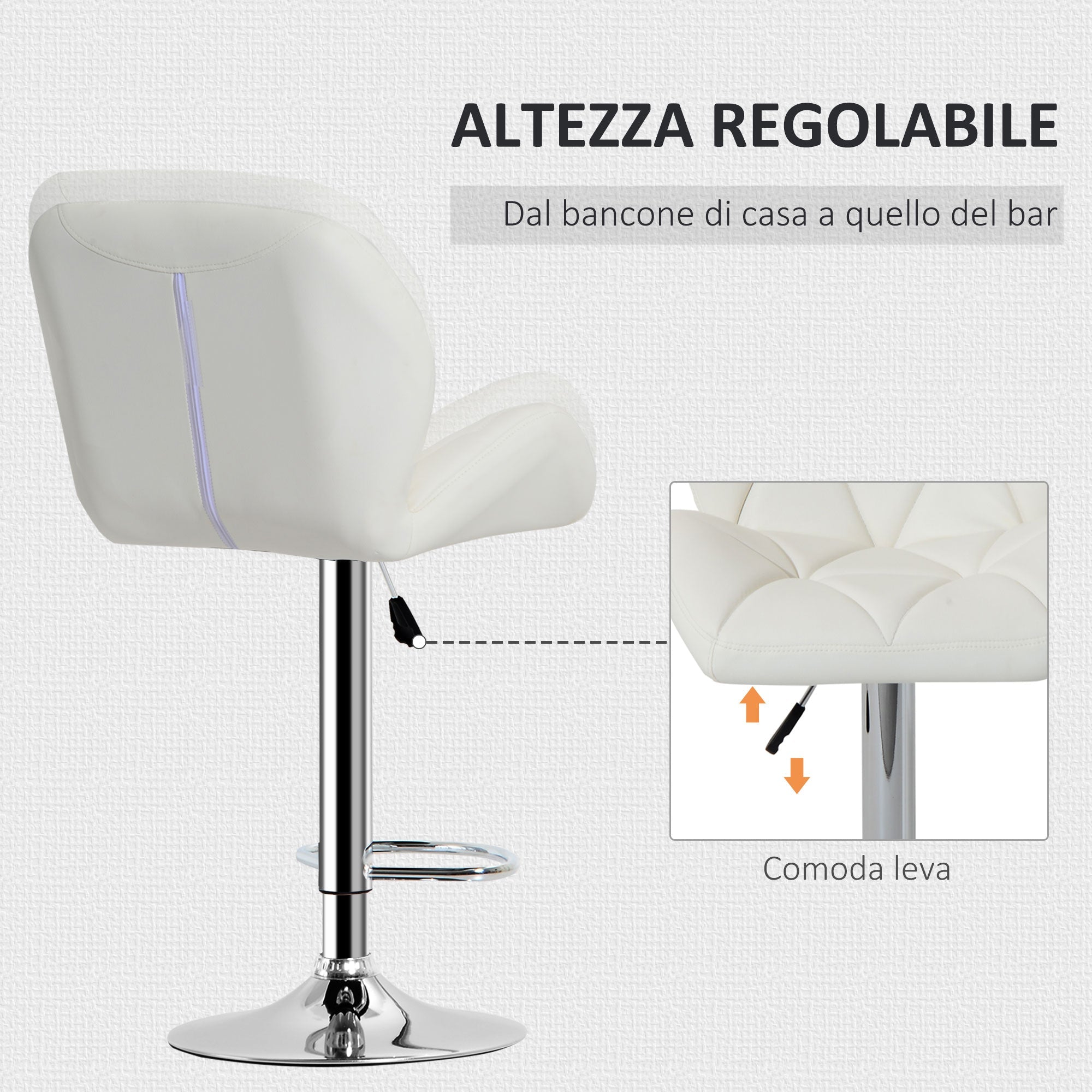 Sgabello da Bar Girevole 47x49x90-111 cm in Similpelle Bianco